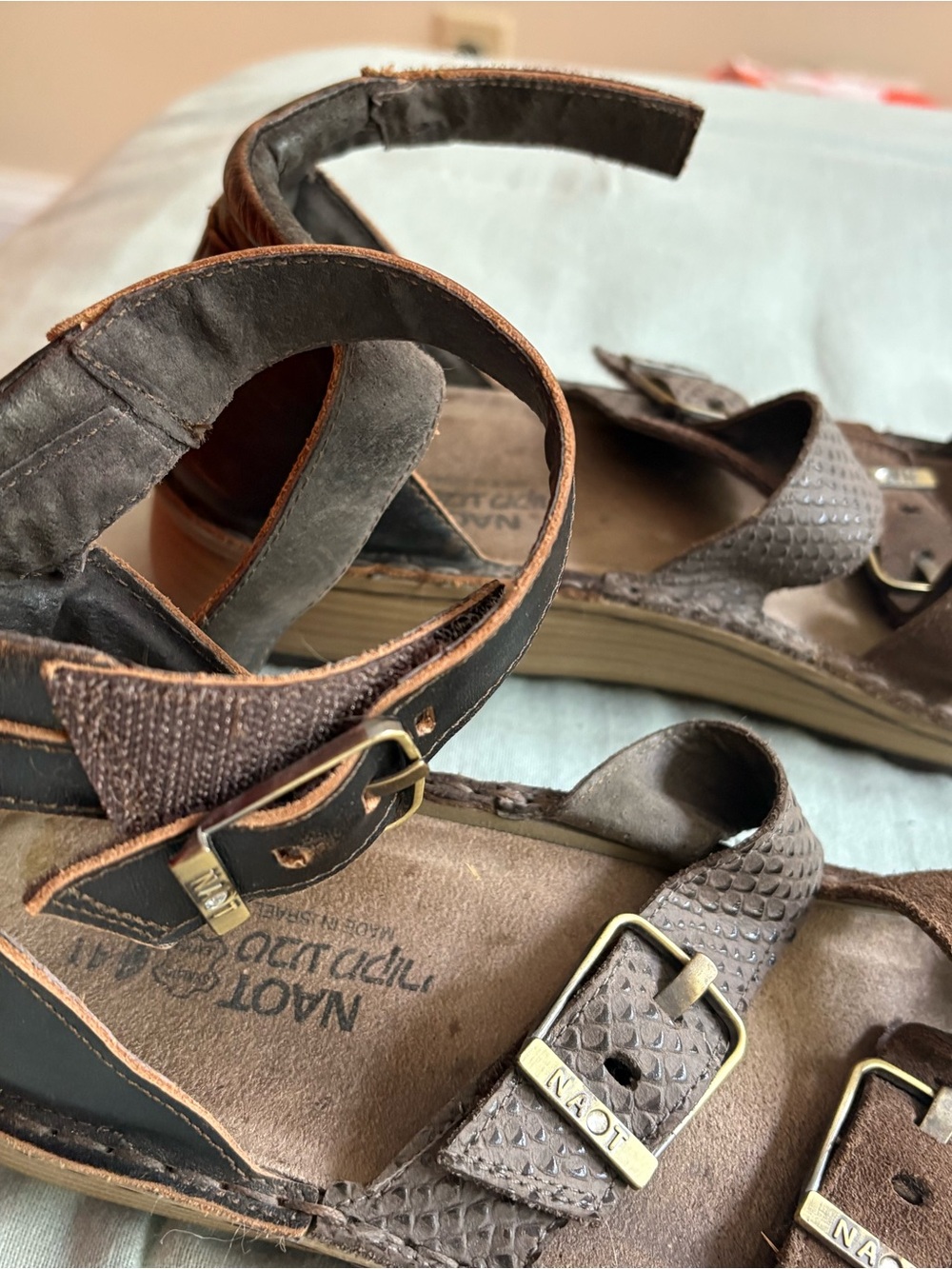 Naot Women’s Brown Leather Textured Buckle Sandals